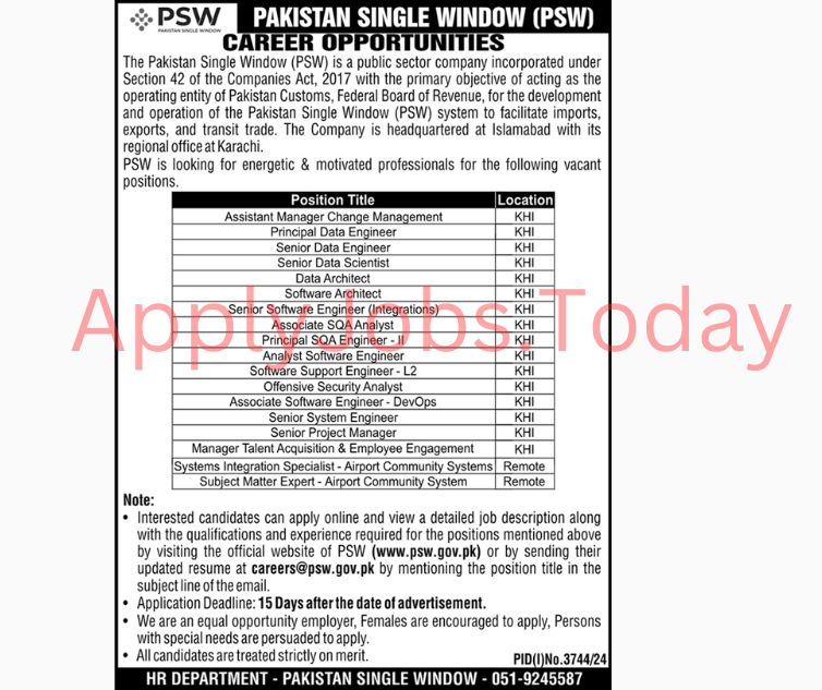 Latest Job Opportunity For Pakistan Single Window (PSW) Islamabad Jobs 2024